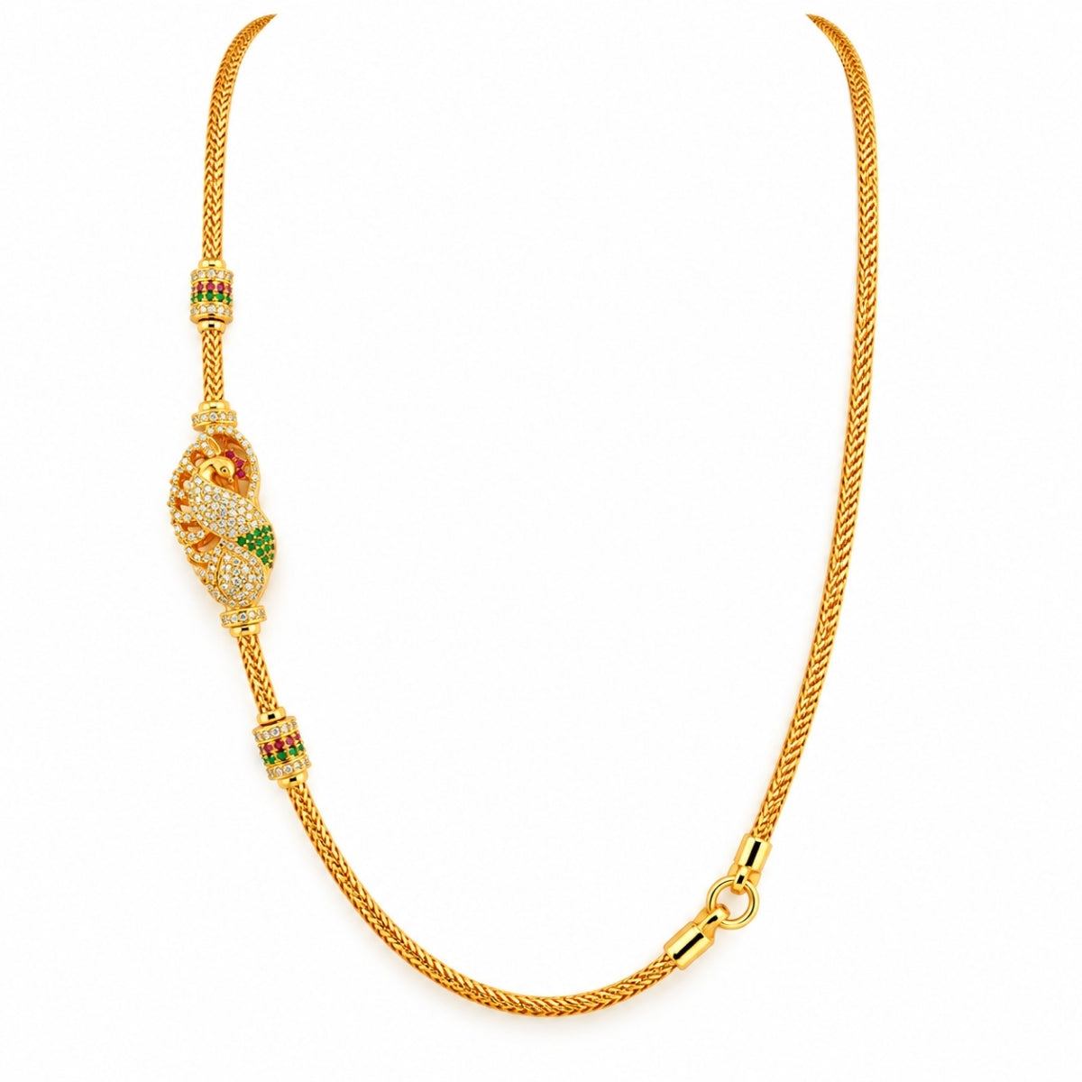 Royal Peacock Mango CZ & Emerald 925 Sterling Silver Gold Plated Thali Chain