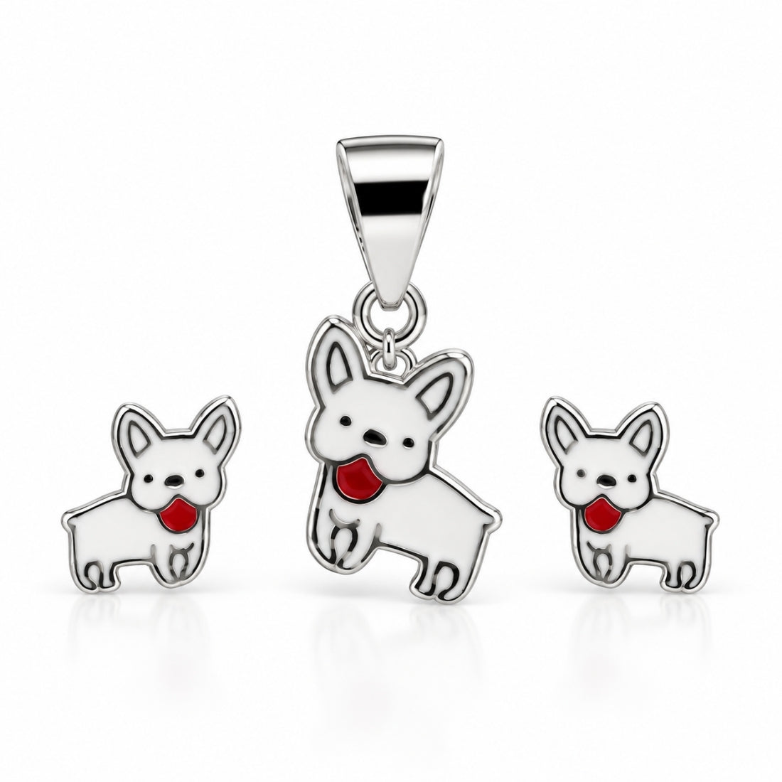 Playful Pup 925 Sterling Silver Frenchie Pendant & Stud Earring Set for Kids