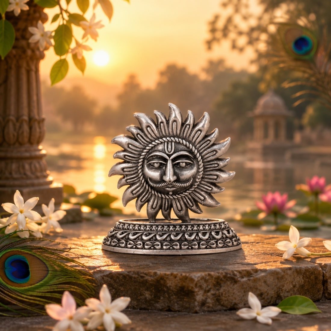 The Vedic Surya Bhagwan Oxidized Silver Idol