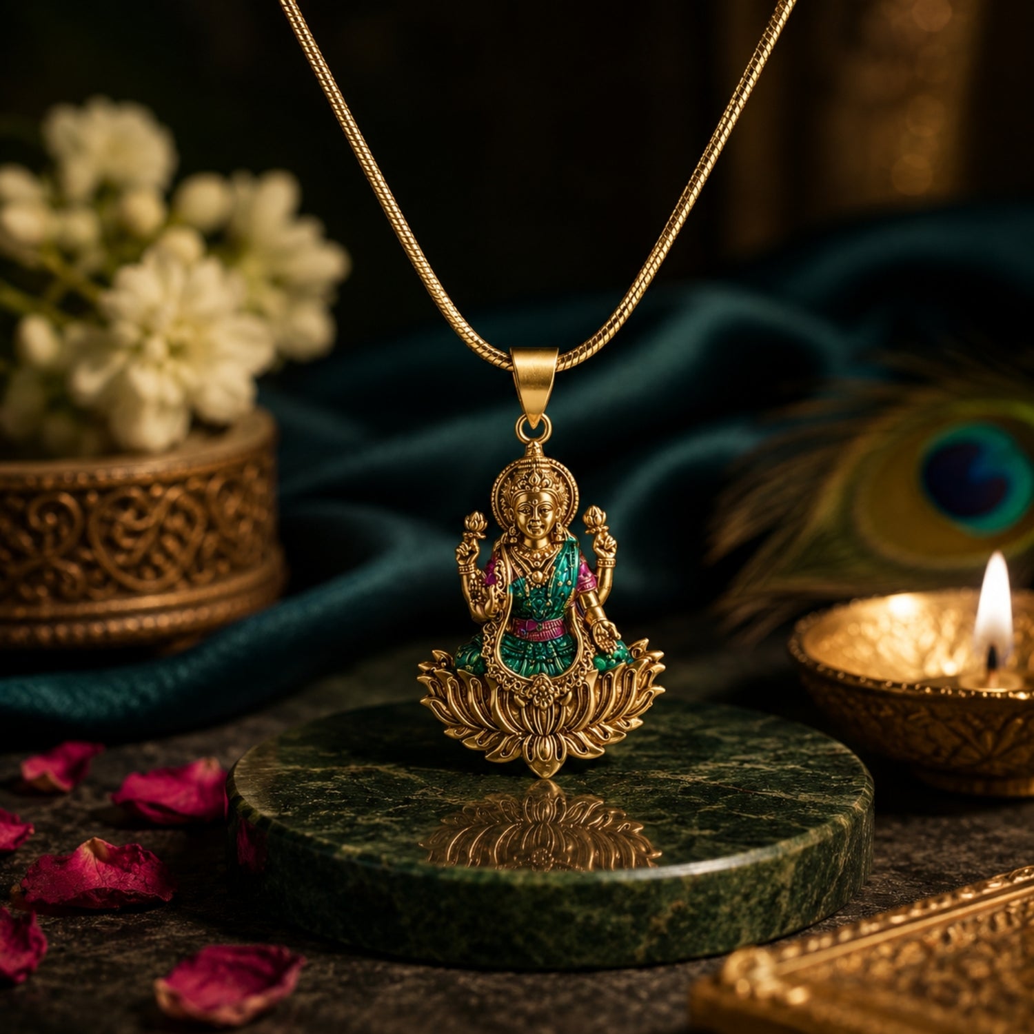 Divine Gold Plated 925 Silver Goddess Lakshmi Lotus Pendant