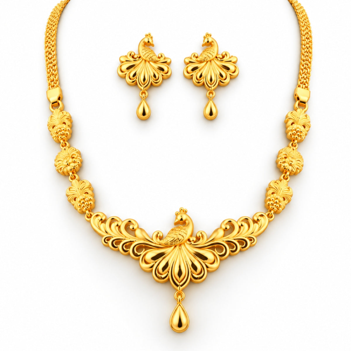 Majestic Dancing Peacock Heritage 925 Silver Necklace Set