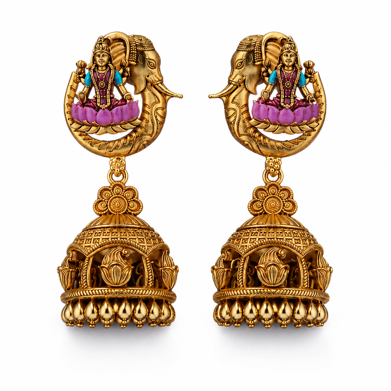 Divine Gaja Lakshmi Cage-Style Gold-Plated 925 Silver Jhumkas