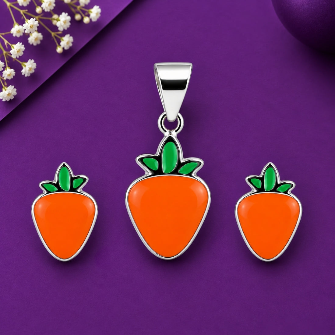 Crunchy Carrot 925 Sterling Silver Enamel Pendant & Stud Earring Set for Kids