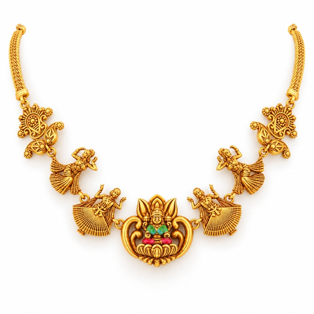 Deity Lotus Motif & Dancing Figure Antique Statement 925 Silver Necklace