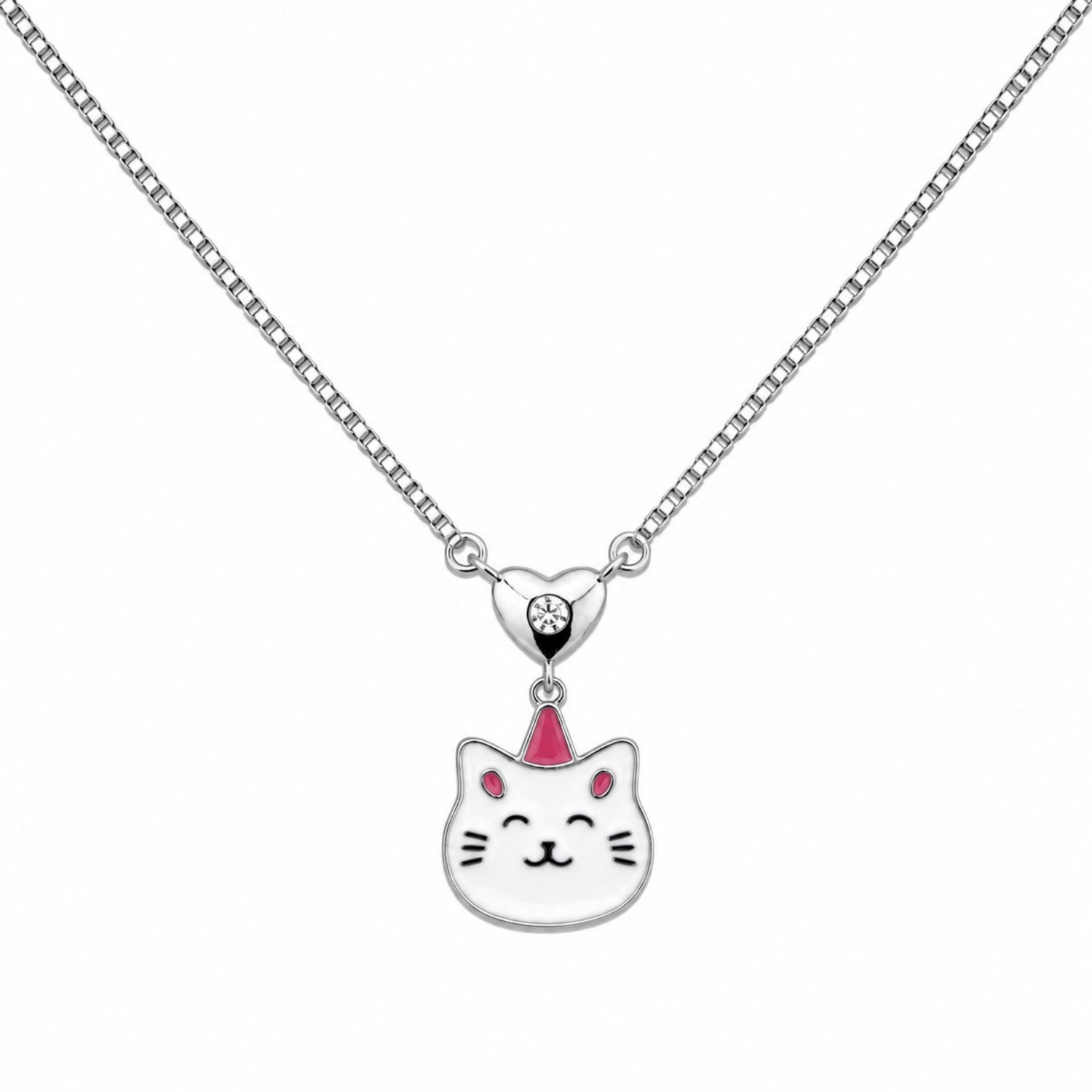 925 Sterling Silver Enamel Caticorn Pendant Kids Necklace with Silver Heart Accent