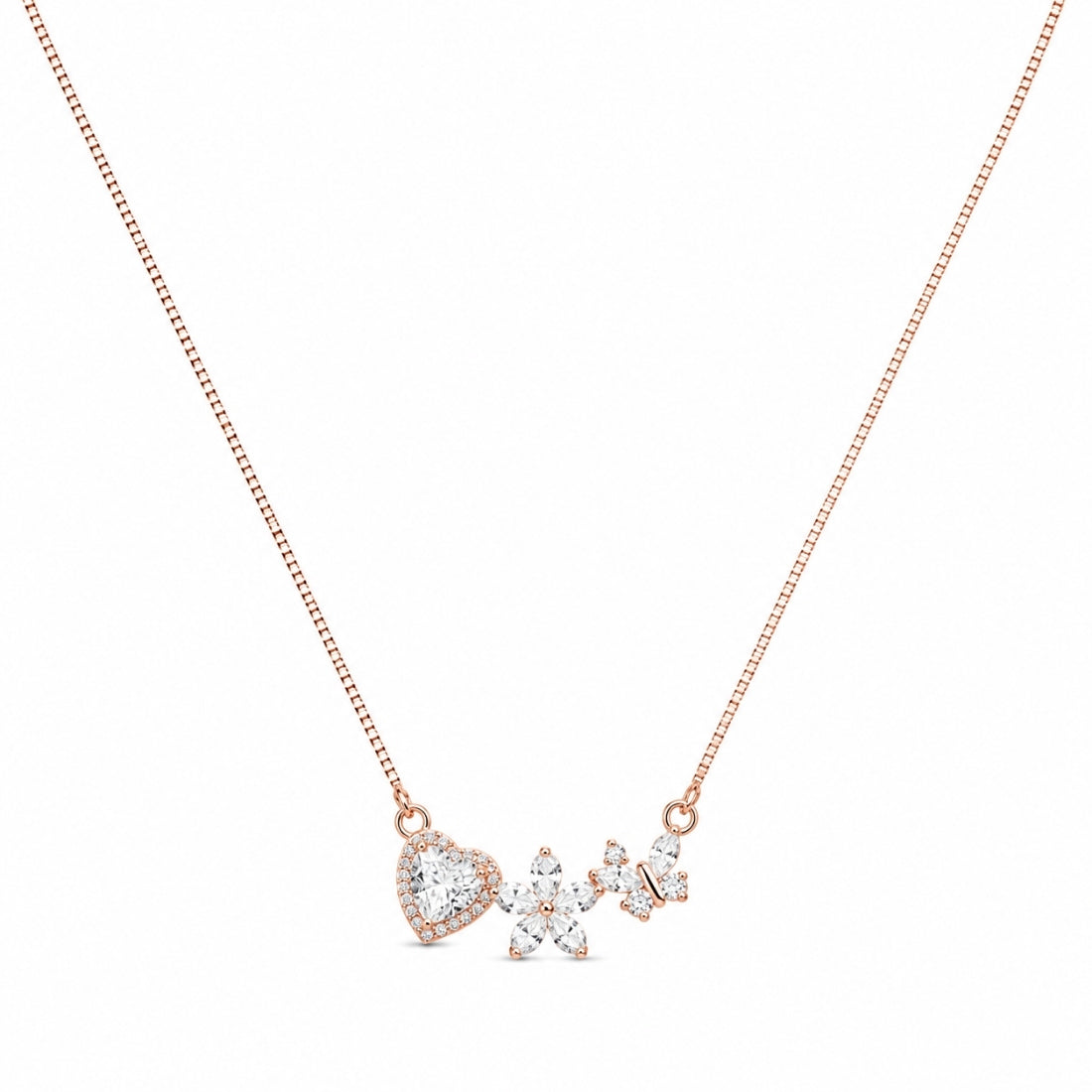 The Enchanted Trio Heart, Flower & Butterfly Rose 925 Silver Chain
