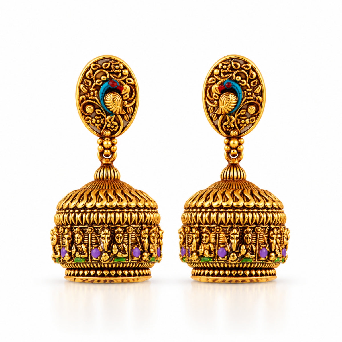 Royal Peacock & Deity Nakashi 925 Sterling Silver Gold Plated Jhumka Earrings
