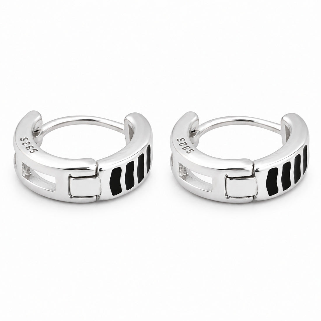 Sterling Silver Black Enamel Tiger Stripe Huggie Hoop Earrings