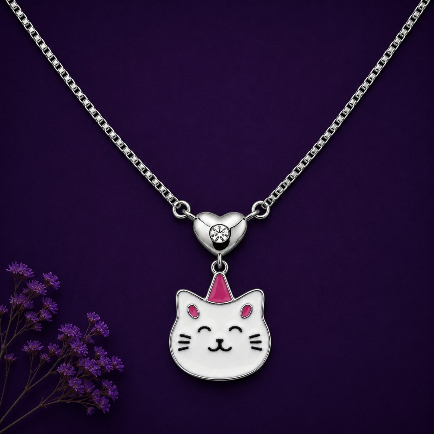 925 Sterling Silver Enamel Caticorn Pendant Kids Necklace with Silver Heart Accent