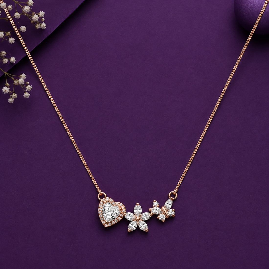 The Enchanted Trio Heart, Flower & Butterfly Rose 925 Silver Chain