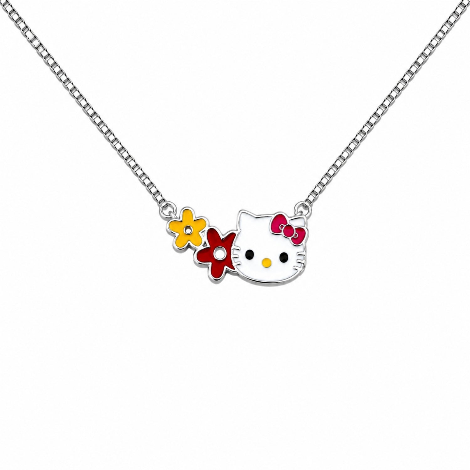 925 Sterling Silver Enamel Hello Kitty and Floral Duo Kids Pendant Chain