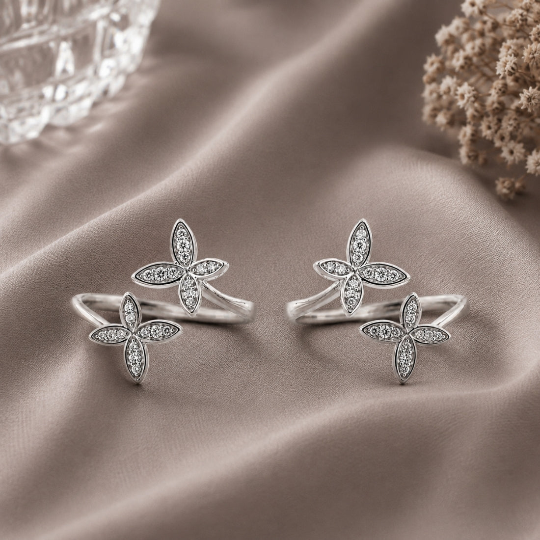 Silver Luminary Shimmer Dual Butterfly Bypass Toe Rings (Pair)
