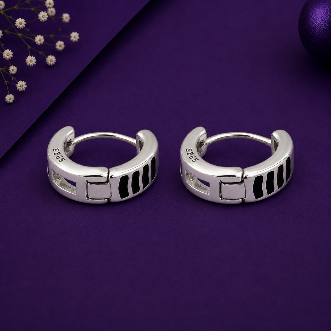 Sterling Silver Black Enamel Tiger Stripe Huggie Hoop Earrings
