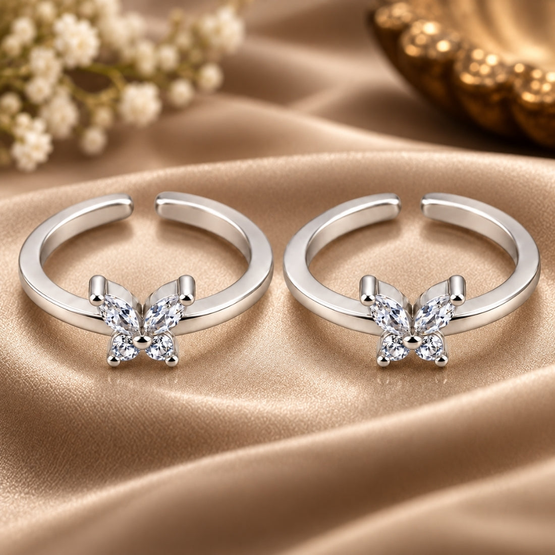 Marquise Shimmer Butterfly 925 Sterling Silver Adjustable Toe Rings (Pair)