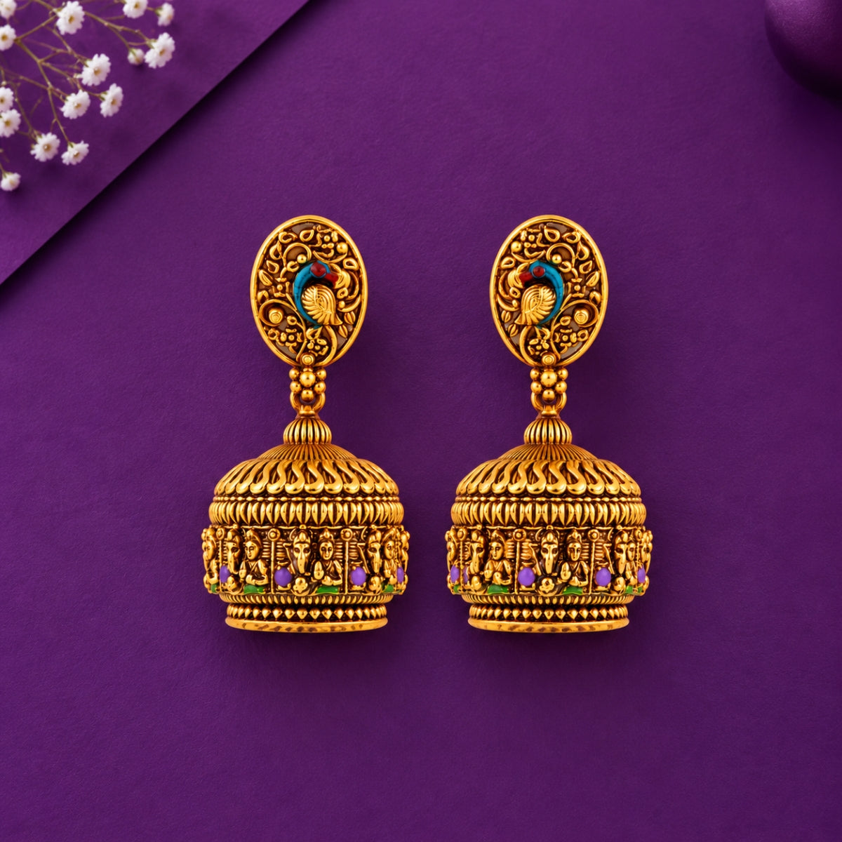 Royal Peacock & Deity Nakashi 925 Sterling Silver Gold Plated Jhumka Earrings