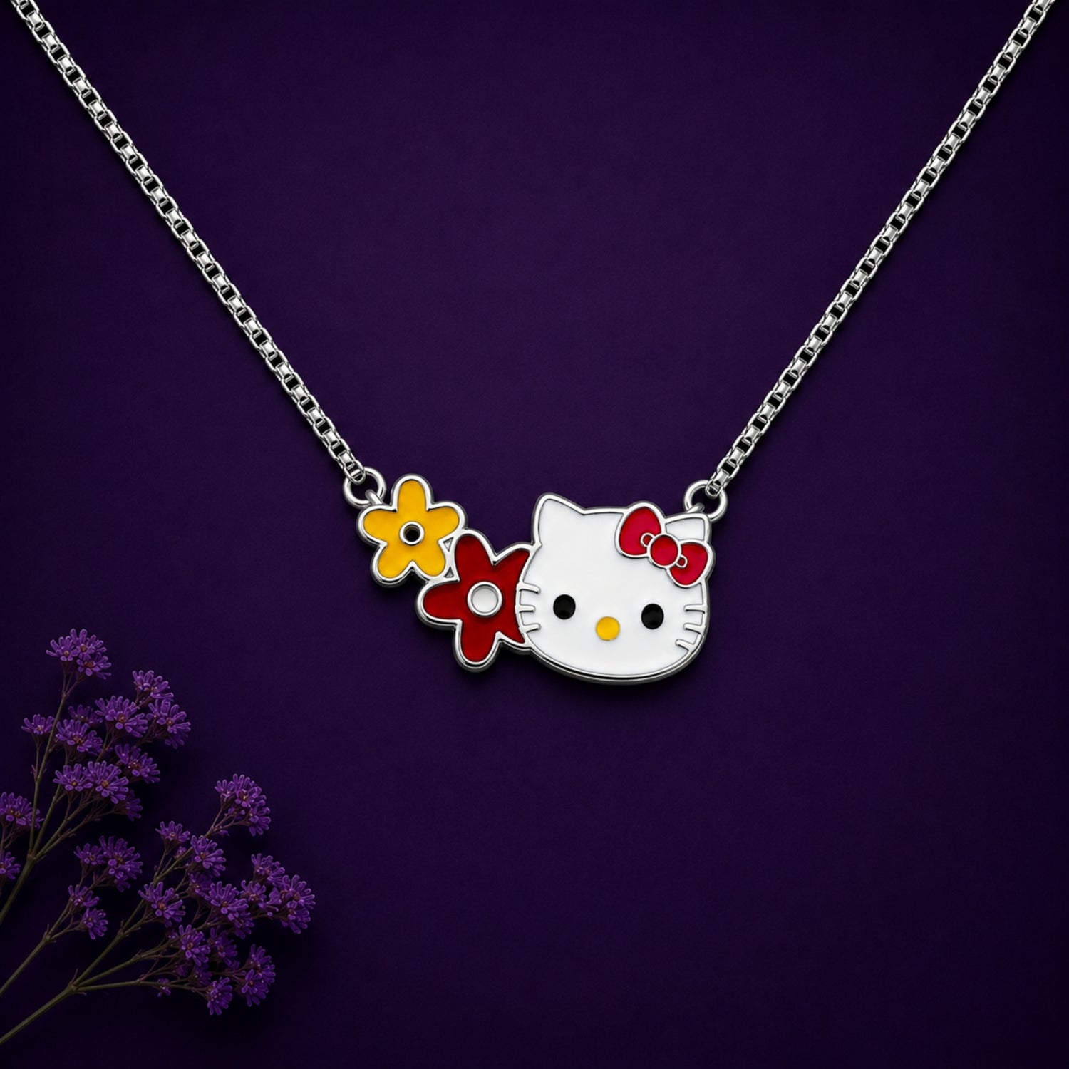 925 Sterling Silver Enamel Hello Kitty and Floral Duo Kids Pendant Chain