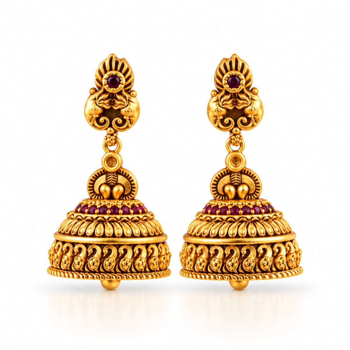 Twin Peacock Mango Ruby 925 Sterling Silver Gold Plated Jhumka Earrings