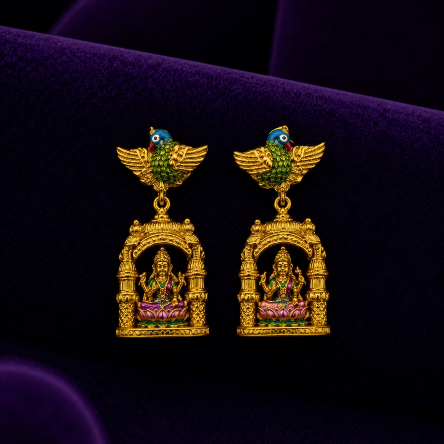 The Shuka Lakshmi Temple Mantapam Gold Polish 925 Silver Jhumka