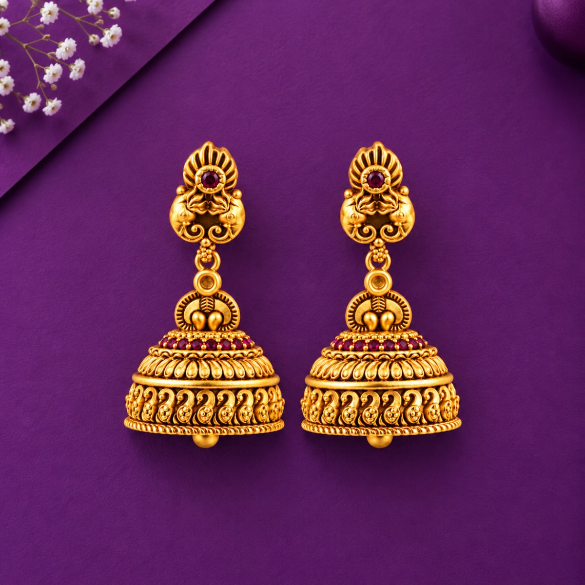 Twin Peacock Mango Ruby 925 Sterling Silver Gold Plated Jhumka Earrings