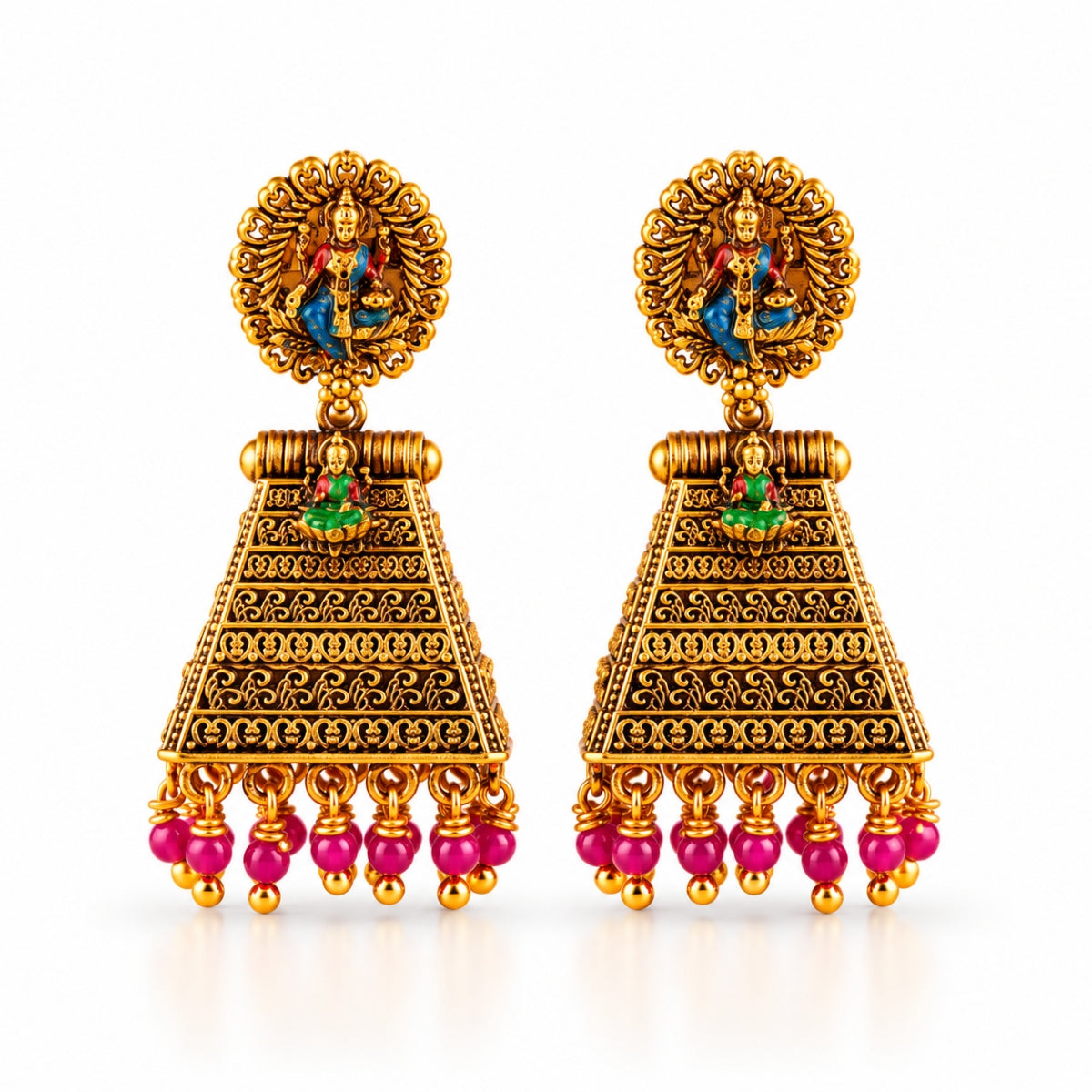 Divine Lakshmi Antique Nakashi 925 Sterling Silver Gold Plated Jhumka Earrings