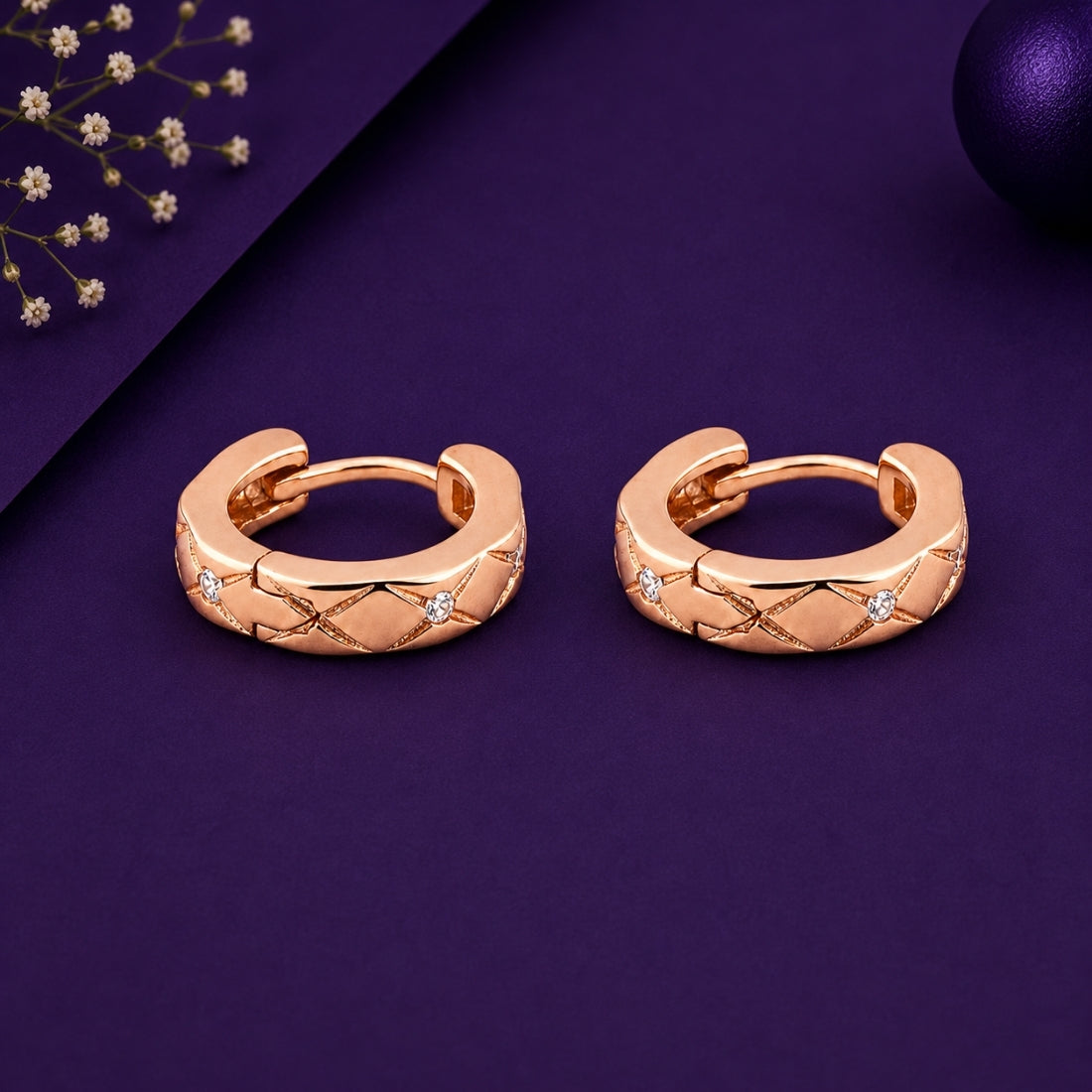 Rose Gold Quilted Huggie Hoop Earrings