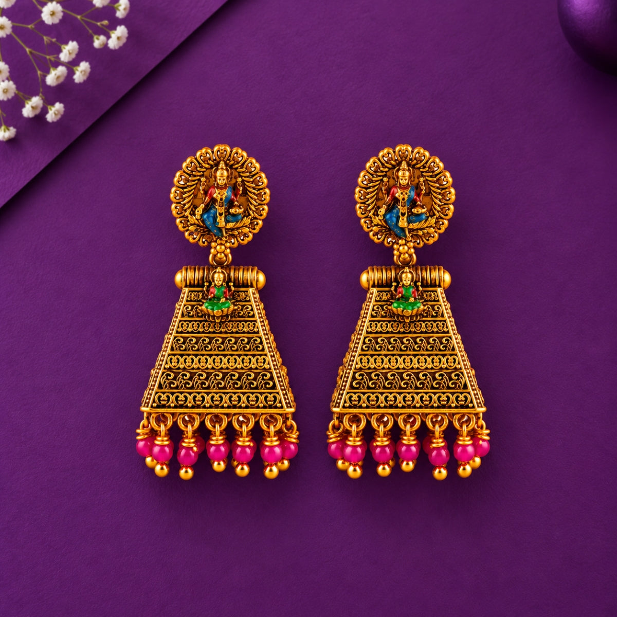Divine Lakshmi Antique Nakashi 925 Sterling Silver Gold Plated Jhumka Earrings
