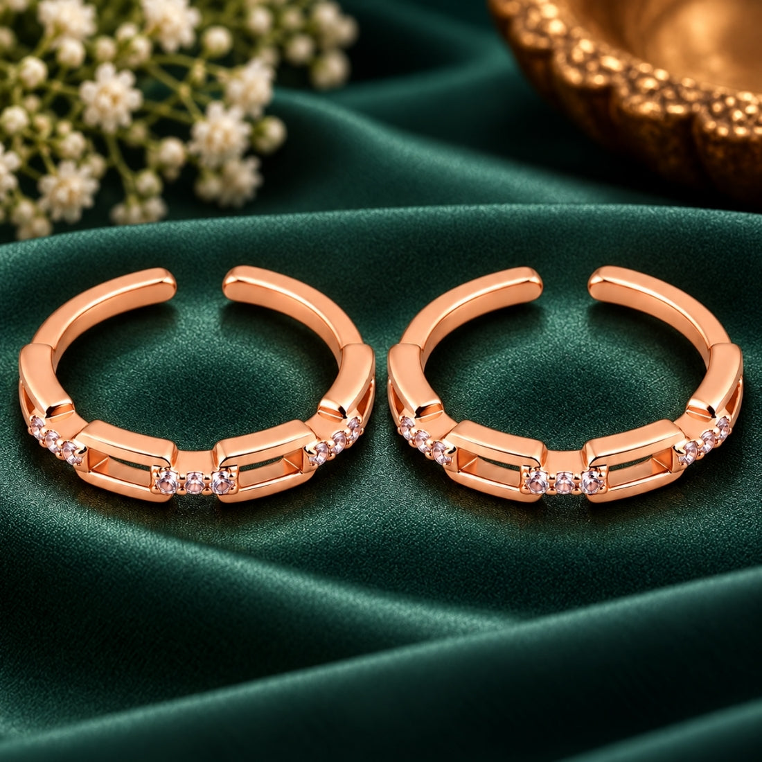 Modern Link & Shimmer 925 Sterling Silver Rose Gold Plated Adjustable Toe Rings (Pair)