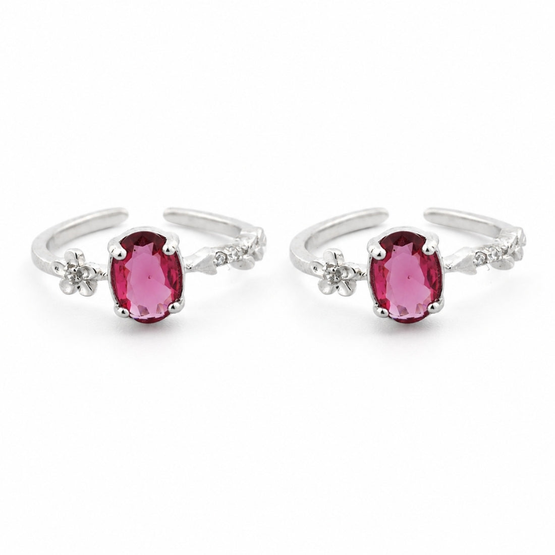 Crimson Bloom Oval Ruby Silver Toe Rings (Pair)