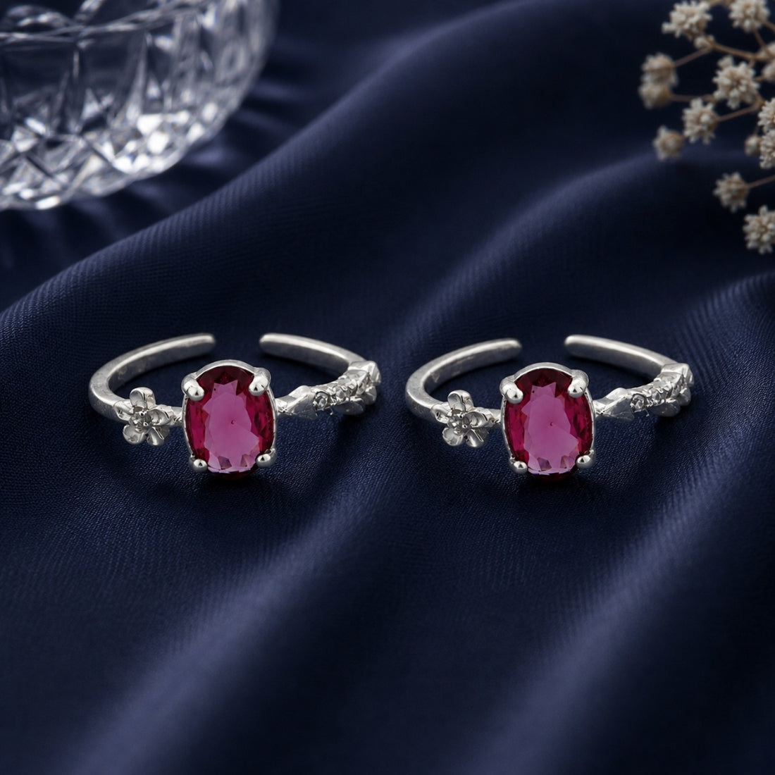 Crimson Bloom Oval Ruby Silver Toe Rings (Pair)