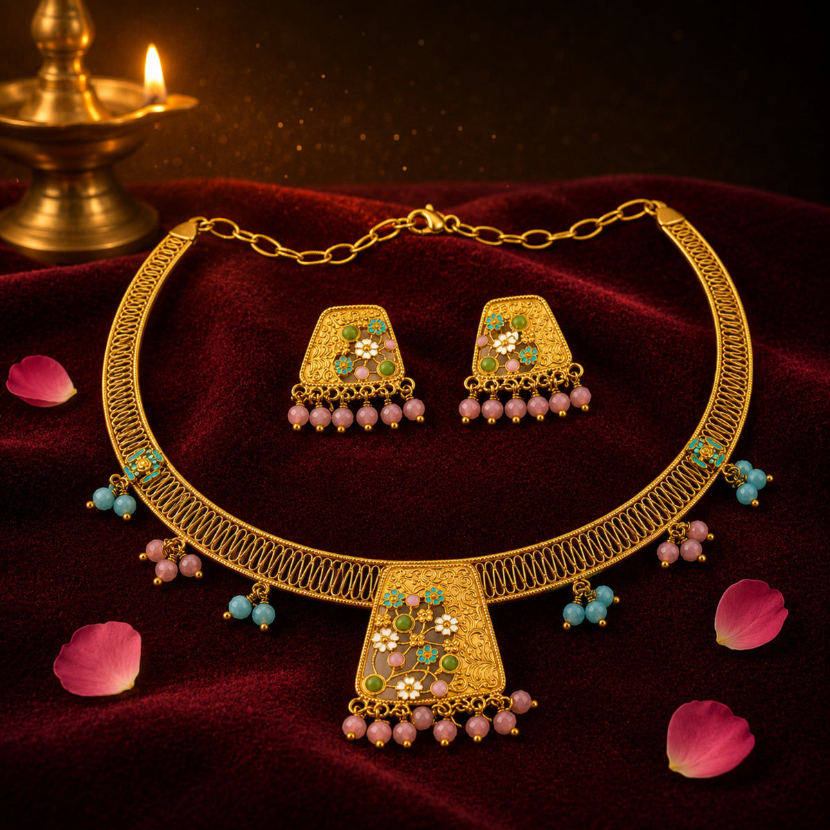 Vasant Kunj 925 Sterling Silver Meenakari Garden Choker & Earring Set