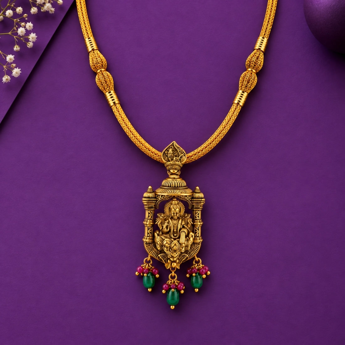22K Gold Plated 925 Silver Goddess Lakshmi Temple Pillar Pendant