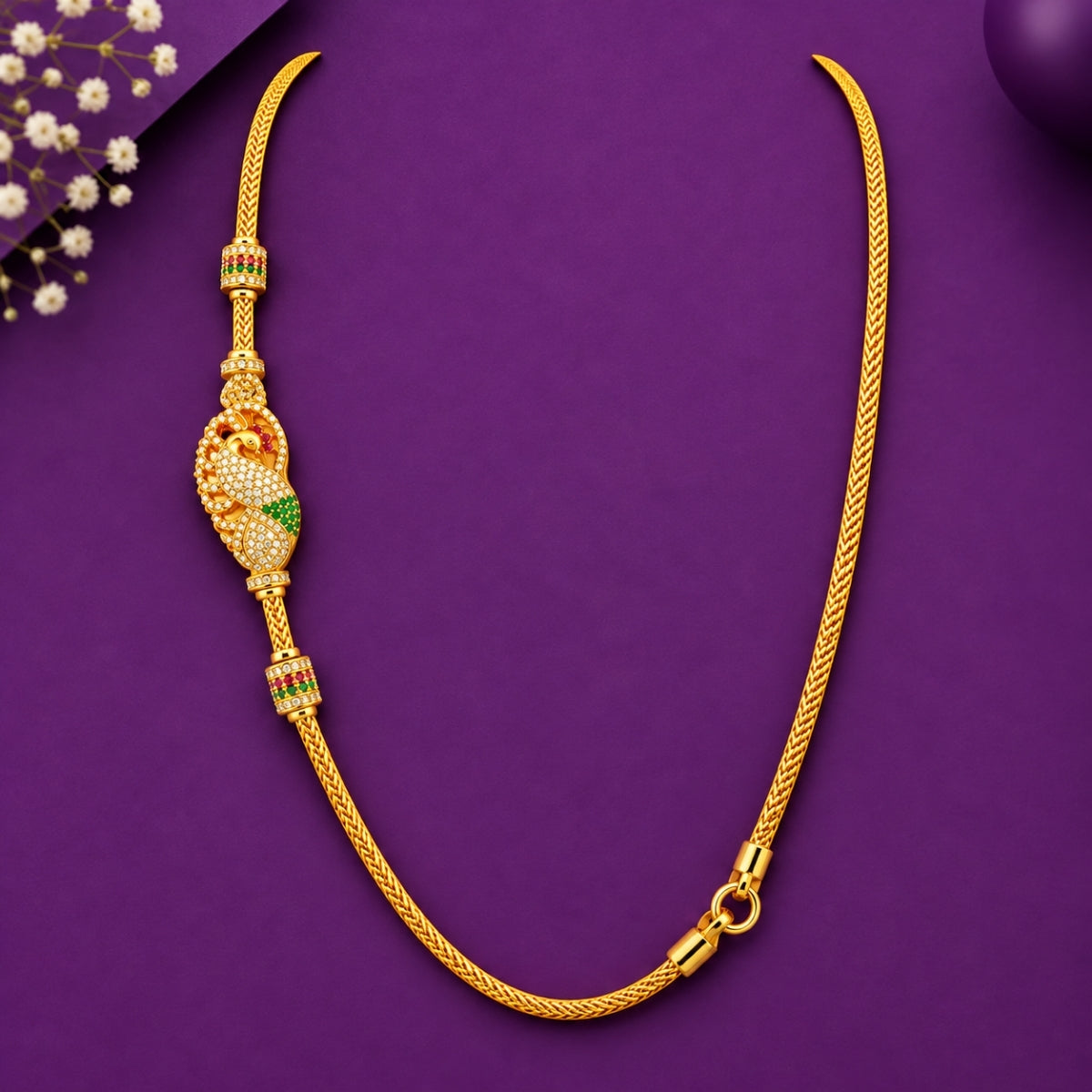 Royal Peacock Mango CZ & Emerald 925 Sterling Silver Gold Plated Thali Chain