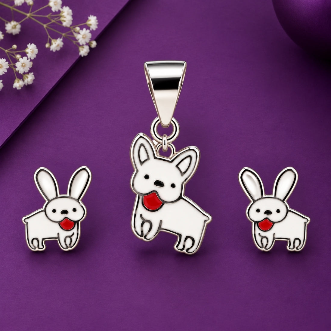 Playful Pup 925 Sterling Silver Frenchie Pendant & Stud Earring Set for Kids
