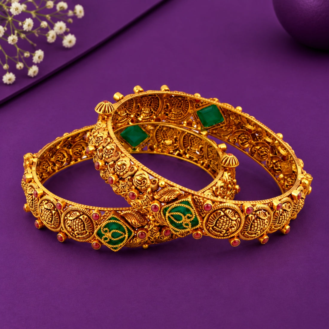 The Royal Kalika – 925 Silver Antique Gold-Plated Emerald Emblem Bangles Set