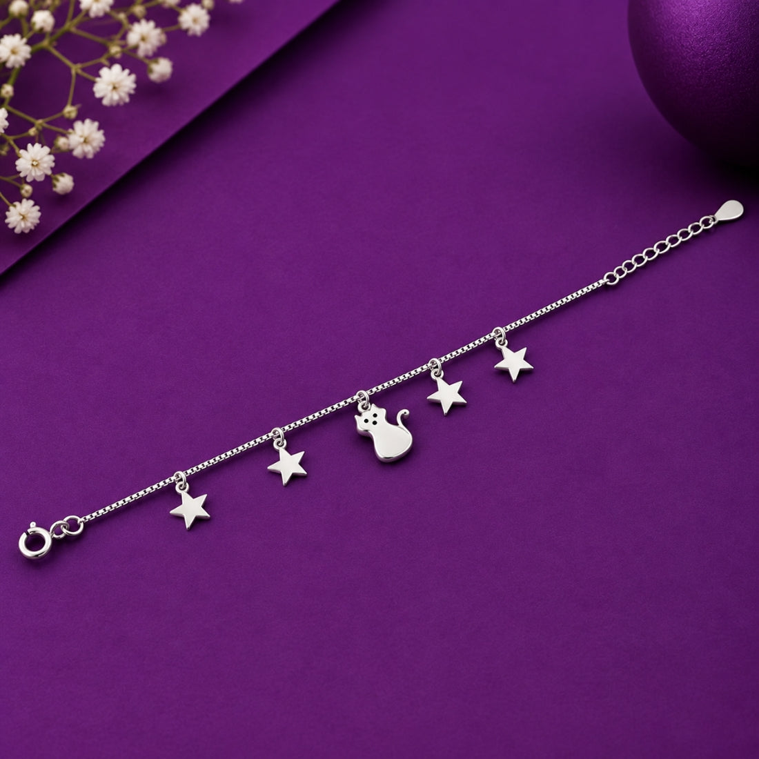 Starry Kitty 925 Sterling Silver Cat & Shooting Stars Kids Charm Bracelet