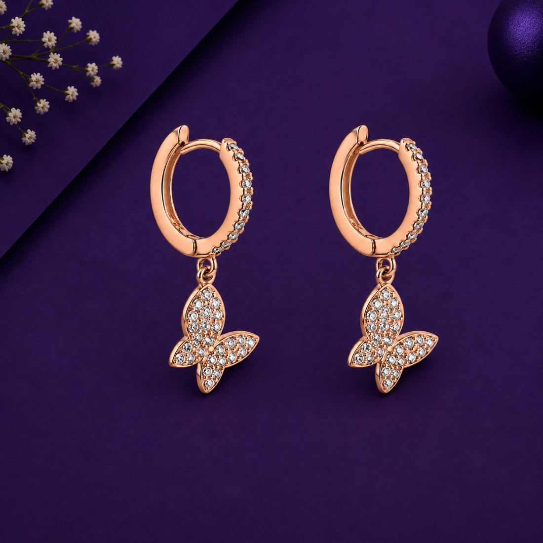 Whimsical Meadow Rose Gold Butterfly Drop Hoops
