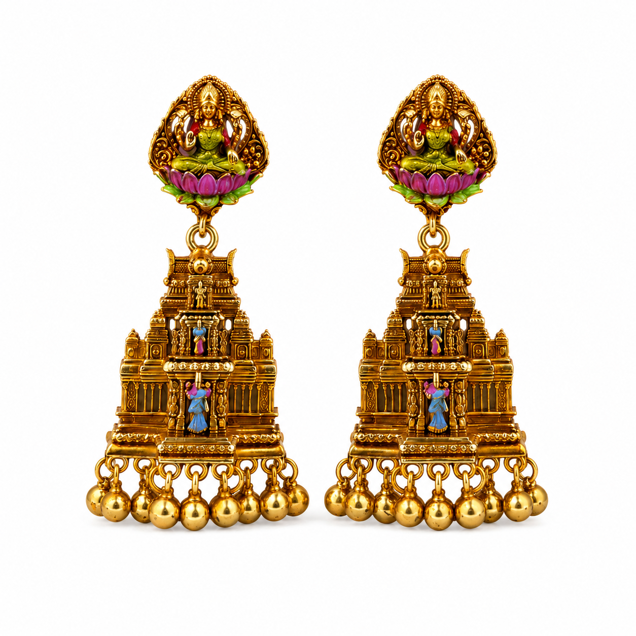 Divine Temple Gopuram & Lakshmi Gold-Plated 925 Silver Drops