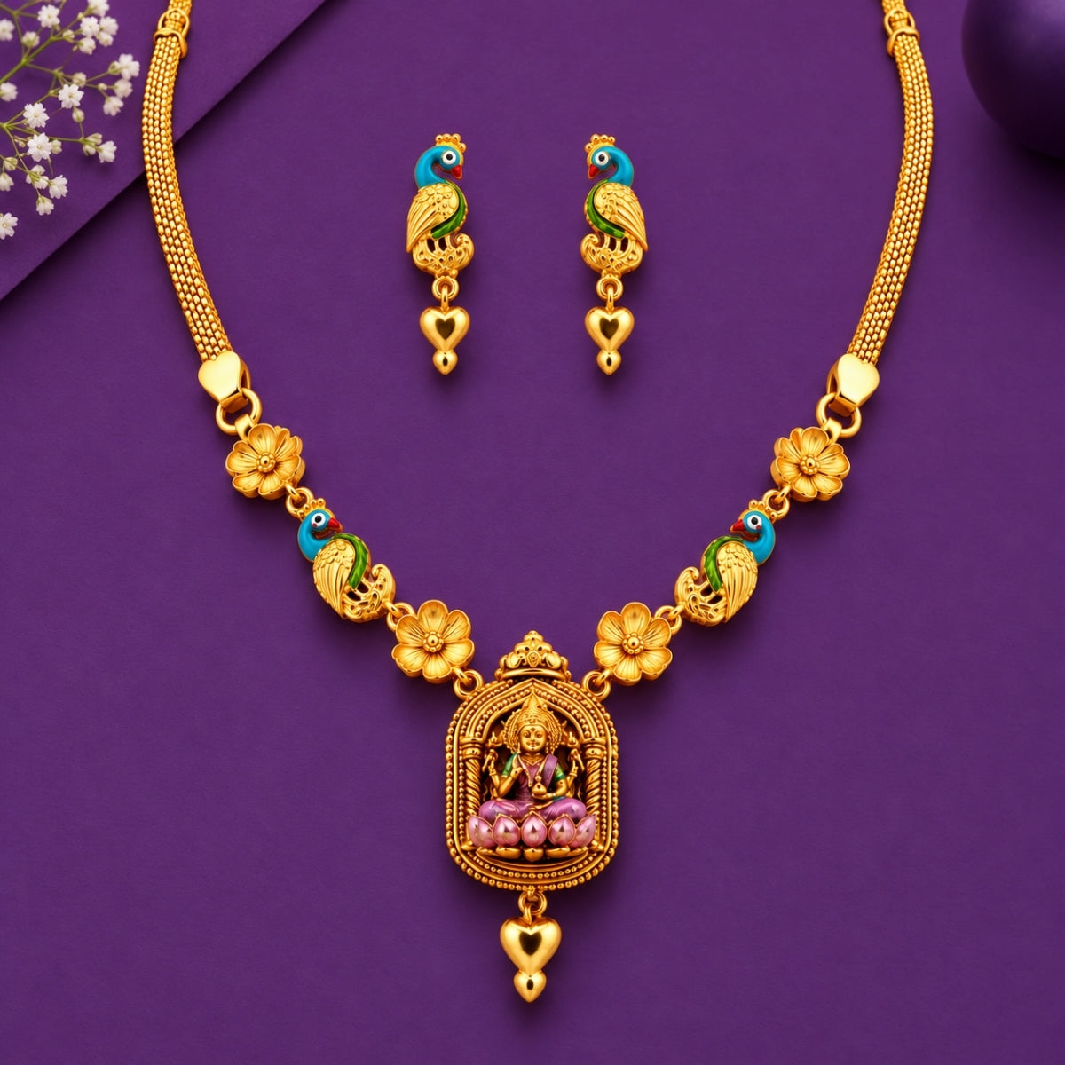 The Divine Lakshmi Peacock Temple 925 Silver Gold-Plated Necklace Set