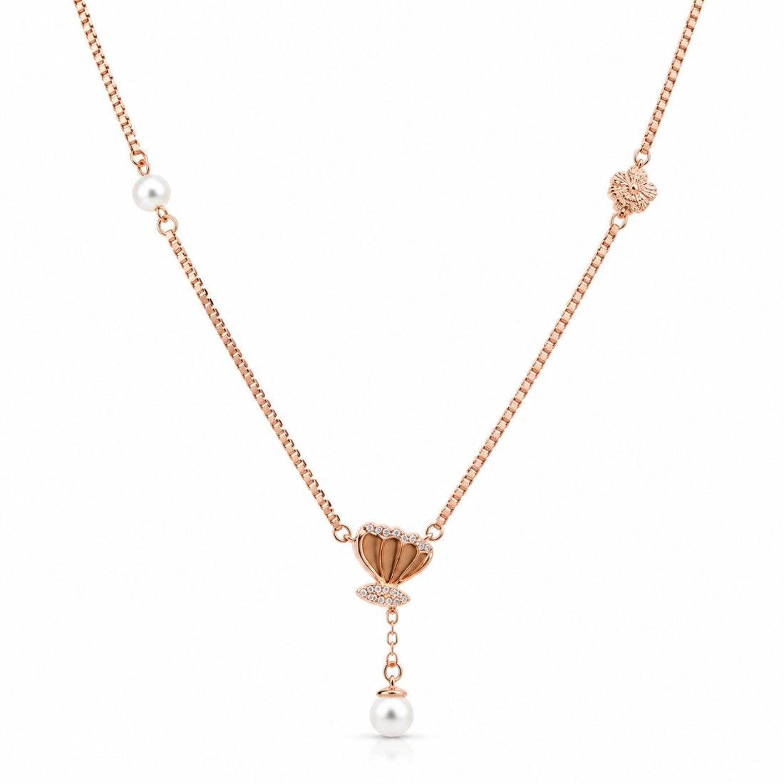 The Ocean Whisper Seashell Pearl Lariat Rose 925 Silver Chain