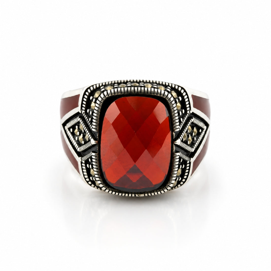 Vintage Scarlet Cushion 925 Silver Shield Ring