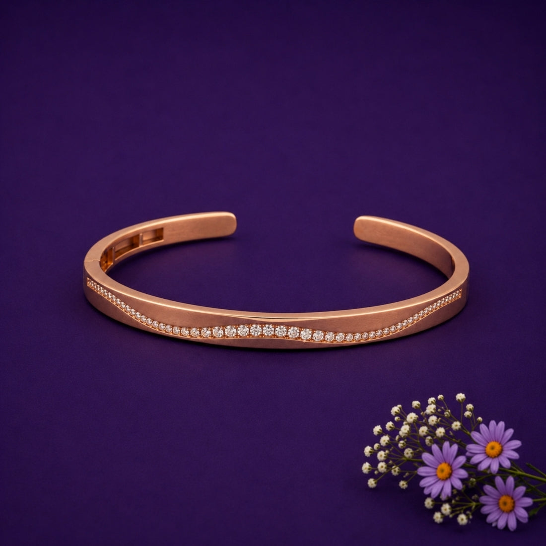Rose Gold Minimalist Curved Pavé 925 Silver Kada