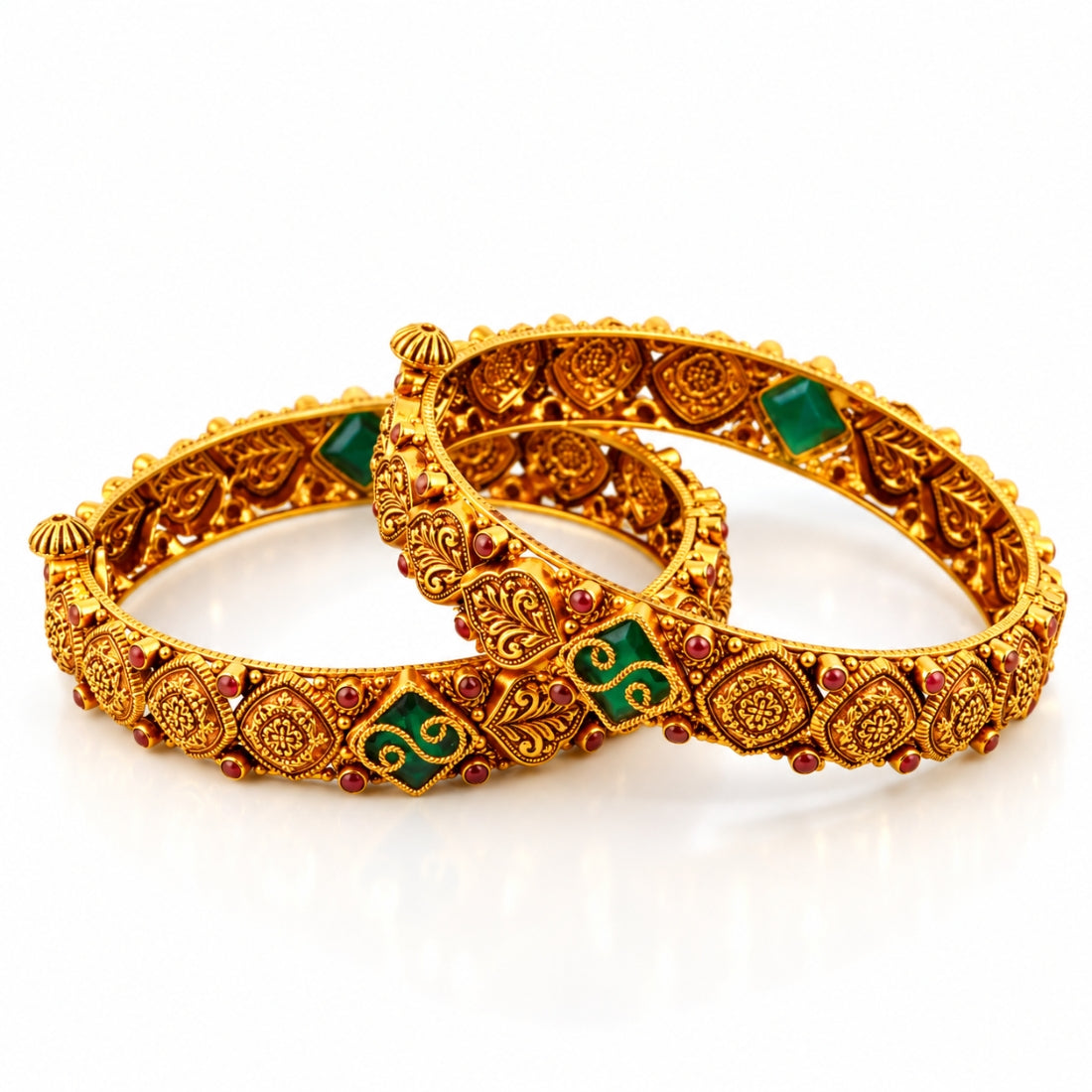 The Royal Pallavi – 925 Silver Antique Gold-Plated Emerald Foliage Bangles Set