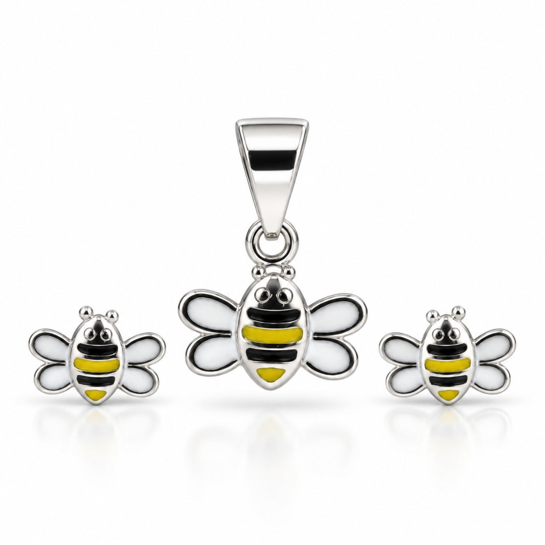 Busy Bee 925 Sterling Silver Enamel Pendant & Stud Earring Set for Kids