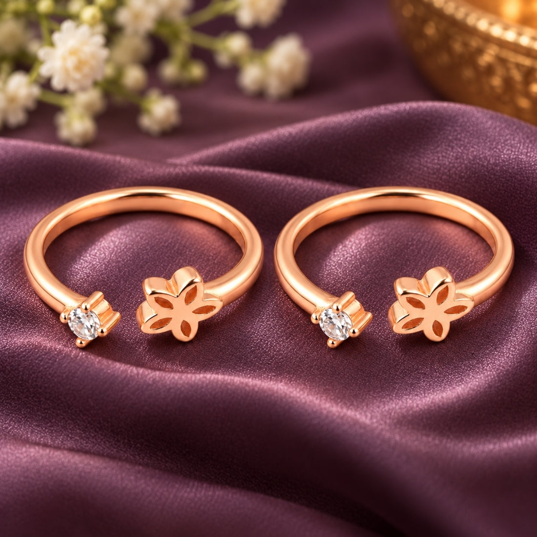 Blushing Blossom Solitaire 925 Sterling Silver Rose Gold Plated Adjustable Toe Rings (Pair)