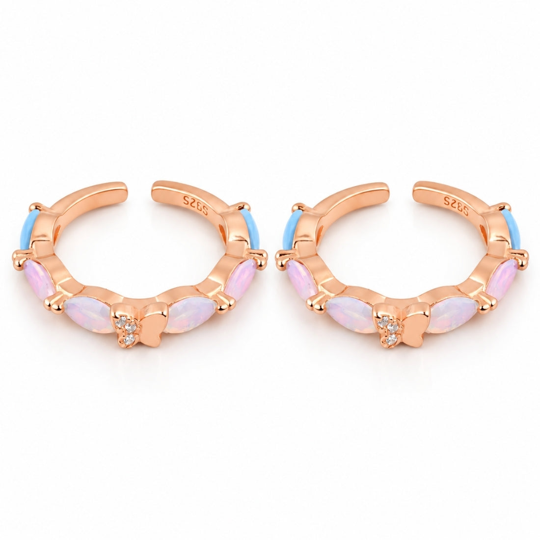 Iridescent Enchanted Butterfly 925 Sterling Silver Rose Gold Plated Adjustable Toe Rings (Pair)