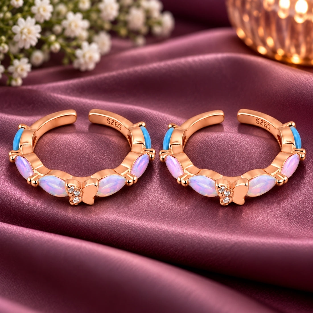 Iridescent Enchanted Butterfly 925 Sterling Silver Rose Gold Plated Adjustable Toe Rings (Pair)