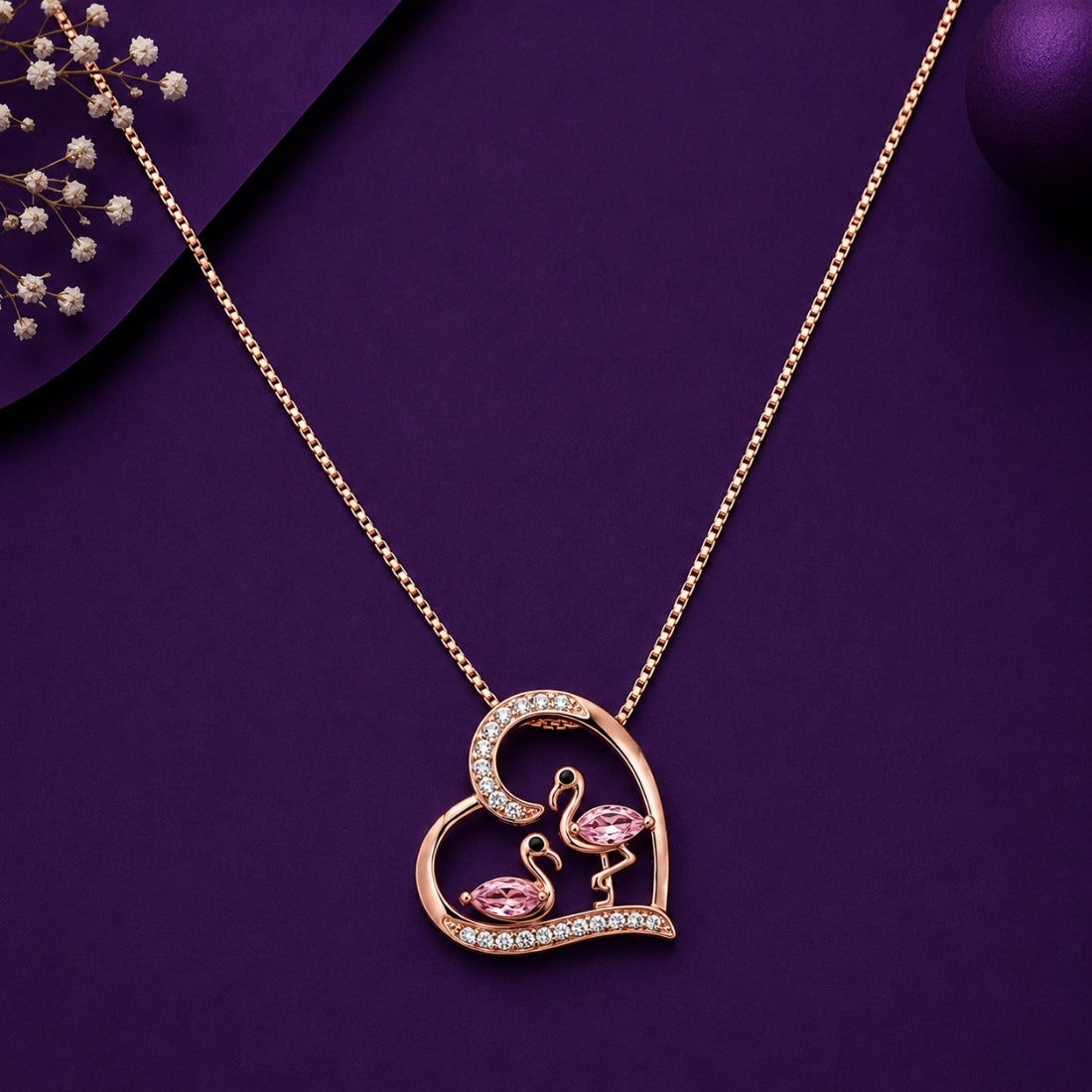 The Flamingo Romance Crystal Heart Rose 925 Silver Chain