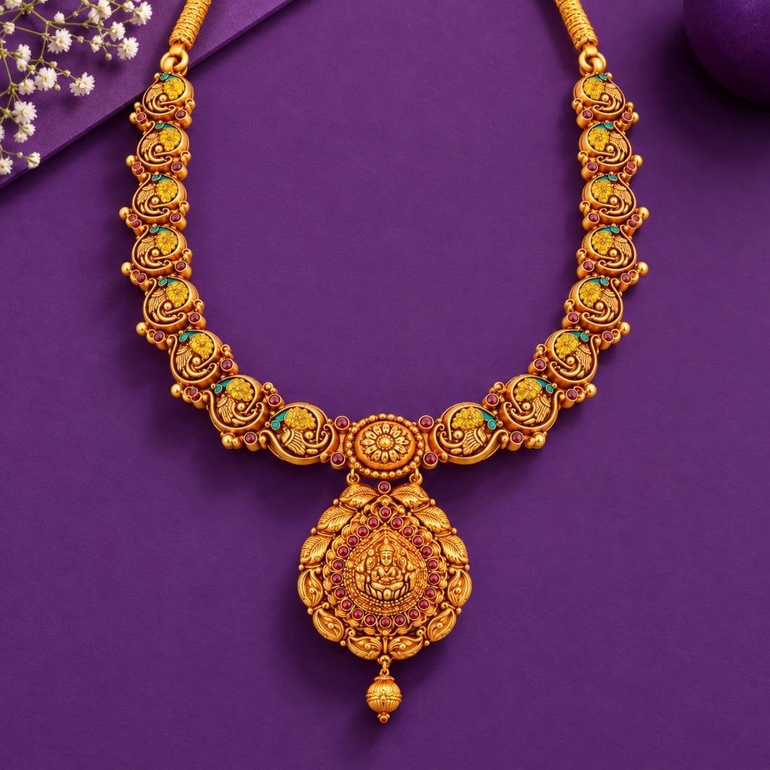 Antique Gold-Plated Kemp Ruby Mango-Drop 925 Silver Necklace
