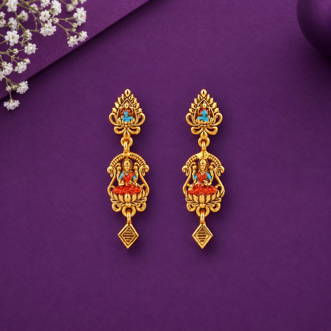 The Divine Lakshmi Lotus Frame Drop Earrings in 925 Sterling Silver