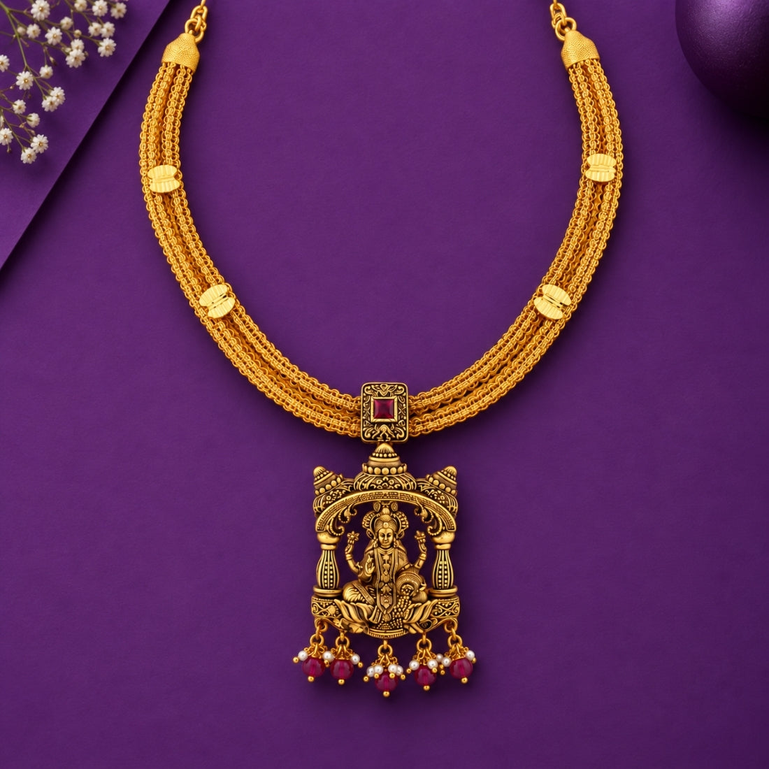 22K Gold Plated 925 Silver Multi-Chain Lakshmi Temple Choker